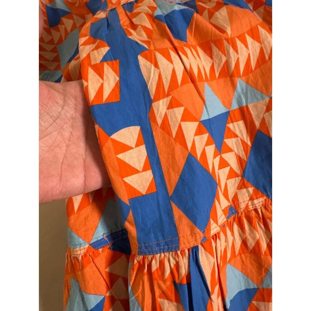 New Marea Womens Grecian Poplin Dress Short Sleeve Orange Blue Size Medium Boho - Picture 11 of 16